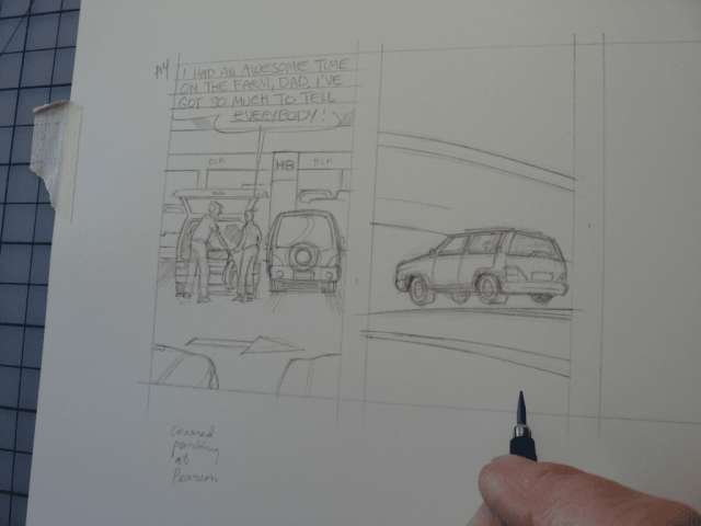 Lynn sketches a strip using a model car as reference material.