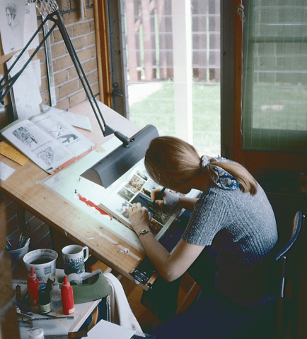 Lynn at work in her converted greenhouse studio. Dundas, Ontario. Circa 1974.