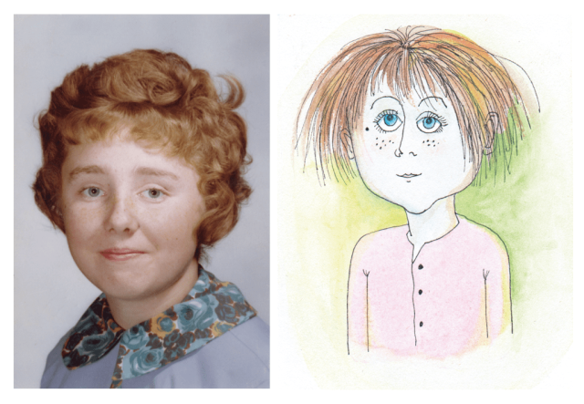(Left) Lynn at roughly age ten. (Right) Self-portrait of Lynn at a similar age. At 21, Lynn aspired to write a book for kids about herself growing up.